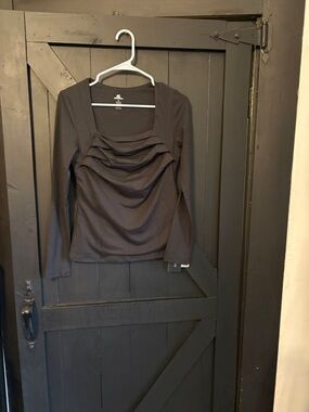 Square-Neck Black Long-Sleeve Ruched Top